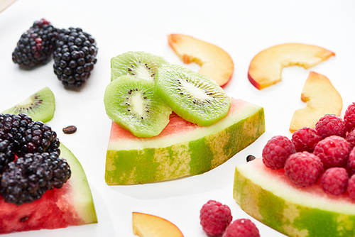 delicious dessert with watermelon, kiwi and berries on white background