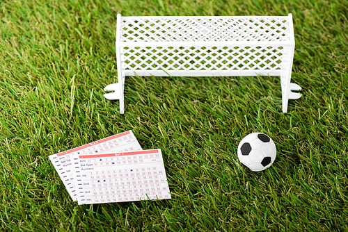 toy soccer ball near miniature football gates and betting lists on green grass, sports betting concept