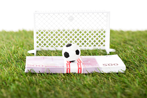 toy soccer ball on euro banknotes near miniature football gates on green grass isolated on white, sports betting concept