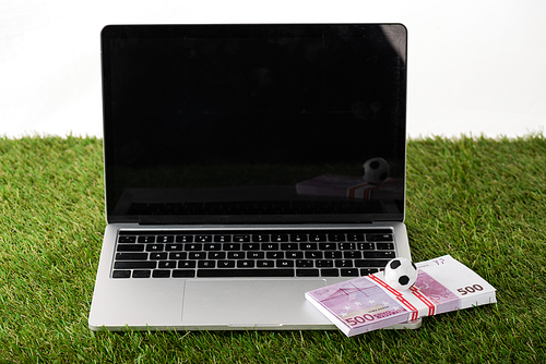 toy soccer ball and euro banknotes on laptop with blank screen on green grass isolated on white, sports betting concept