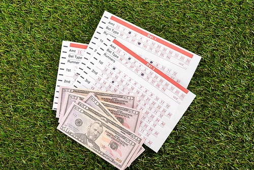 top view of dollar banknotes and betting lists on green grass, sports betting concept
