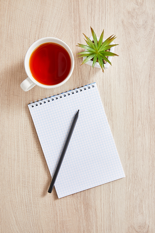 top view of green plant, cup of tea and blank notebook with pencil on wooden surface