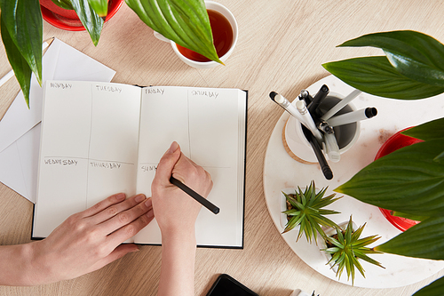cropped view of woman writing in notebook near green plants, cup of tea on wooden surface