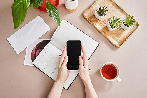 top view of female hands with smartphone near green plants on wooden board, cup of tea, planner with pencil on beige surface
