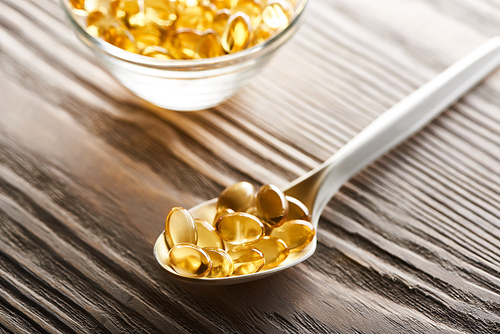 selective focus of golden fish oil capsules in spoon and glass bowl on wooden table