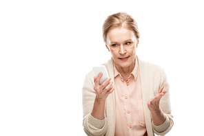 confused middle aged woman using smartphone Isolated On White with copy space