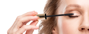 panoramic shot of mature woman applying mascara Isolated On White