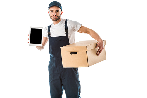 handsome delivery man with cardboard box holding digital tablet with blank screen and  isolated on white