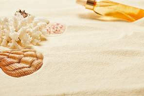 selective focus of seashell near white coral and suntan oil bottle on sand
