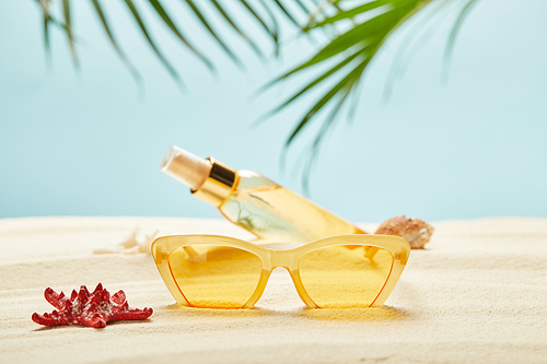 selective focus of red starfish near sunglasses and bottle with suntan oil on sand isolated on blue