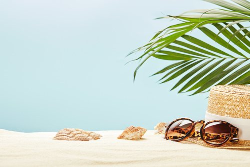 selective focus of sunglasses and straw hat near seashells and green leaves isolated on blue
