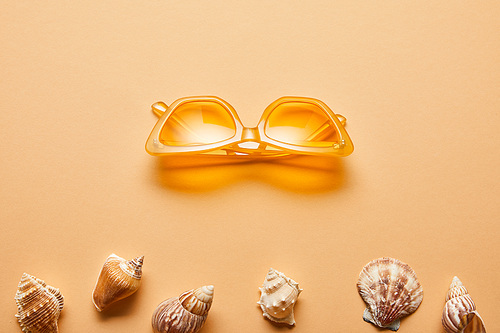 top view of marine textured seashells and stylish sunglasses on beige background