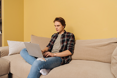 handsome freelancer sitting on sofa and using laptop in living room