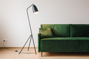 green sofa with pillow near metal modern floor lamp