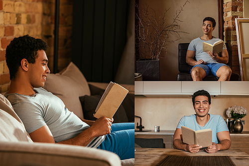 collage with handsome mixed race man reading book at home during quarantine
