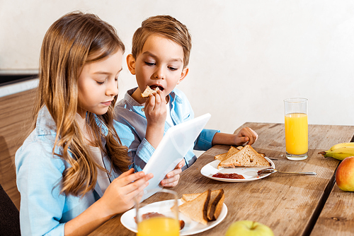 collage of siblings e-learning and eating breakfast at home