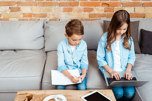 cute siblings online studying near gadgets at home