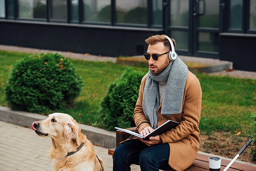 Blind man in headphones holding book on bench beside guide dog
