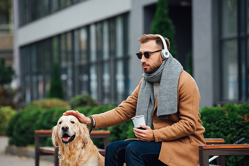 Blind man in headphones holding thermo mug and stroking guide dog in park