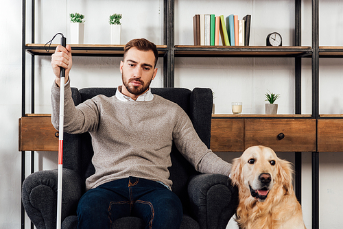 Blind man with walking stick sitting in armchair beside golden retriever at home