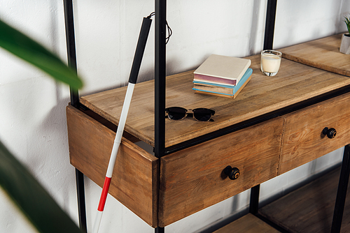Walking stick beside sunglasses and books on cupboard shelf