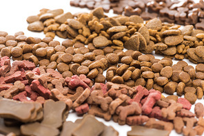 selective focus of fresh assorted dry pet food in lines isolated on white