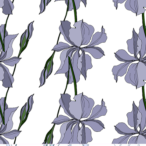 vector iris floral botanical flowers. wild spring leaf wildflower isolated.  and white engraved ink art. seamless background pattern. fabric wallpaper  texture.