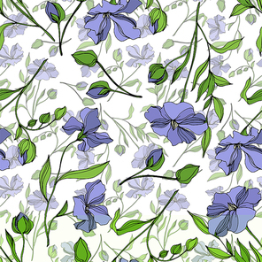 vector flax floral botanical flowers. wild spring leaf wildflower isolated.  and white engraved ink art. seamless background pattern. fabric wallpaper print texture.
