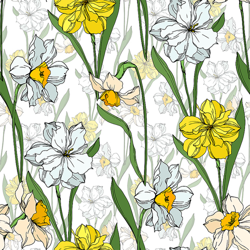 vector narcissus floral botanical flowers. wild spring leaf wildflower isolated.  and white engraved ink art. seamless background pattern. fabric wallpaper  texture.
