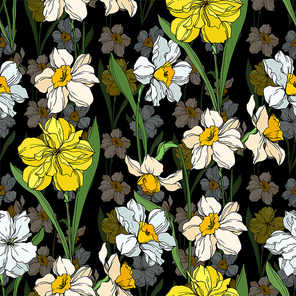 vector narcissus floral botanical flowers. wild spring leaf wildflower isolated.  and white engraved ink art. seamless background pattern. fabric wallpaper  texture.