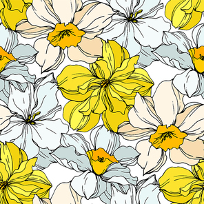 vector narcissus floral botanical flowers. wild spring leaf wildflower isolated.  and white engraved ink art. seamless background pattern. fabric wallpaper print texture.