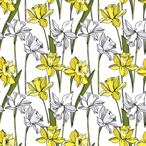 vector narcissus floral botanical flowers. wild spring leaf wildflower isolated.  and white engraved ink art. seamless background pattern. fabric wallpaper print texture.