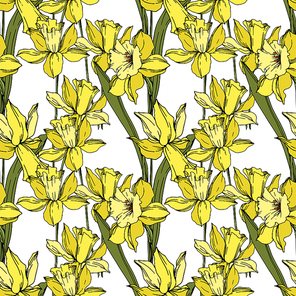 vector narcissus floral botanical flowers. wild spring leaf wildflower isolated.  and white engraved ink art. seamless background pattern. fabric wallpaper print texture.