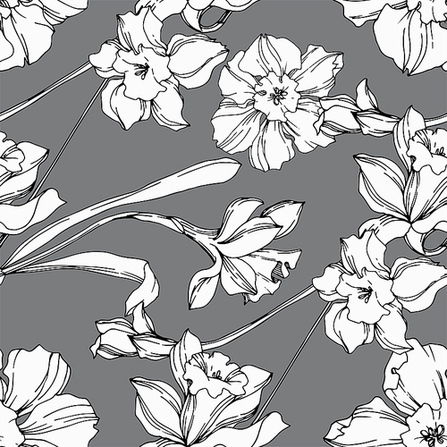 vector narcissus floral botanical flower. wild spring leaf wildflower isolated.  and white engraved ink art. seamless background pattern. fabric wallpaper  texture.