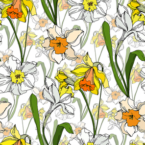vector narcissus floral botanical flower. wild spring leaf wildflower isolated.  and white engraved ink art. seamless background pattern. fabric wallpaper  texture.