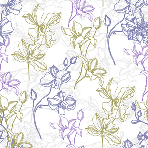 vector orchid floral botanical flowers. wild spring leaf wildflower isolated.  and white engraved ink art. seamless background pattern. fabric wallpaper  texture.