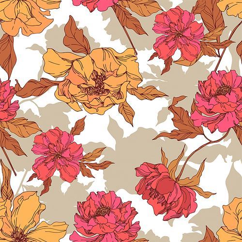 peony floral botanical flowers. wild spring leaf wildflower isolated.  and white engraved ink art. seamless background pattern. fabric wallpaper  texture.