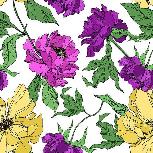 peony floral botanical flowers. wild spring leaf wildflower isolated.  and white engraved ink art. seamless background pattern. fabric wallpaper  texture.