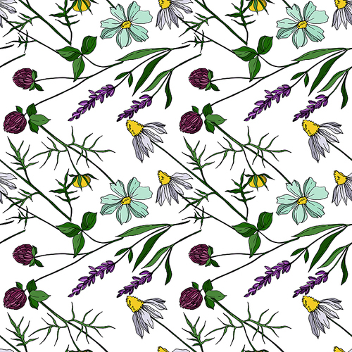 vector wildflower floral botanical flowers. wild spring leaf wildflower isolated.  and white engraved ink art. seamless background pattern. fabric wallpaper  texture.