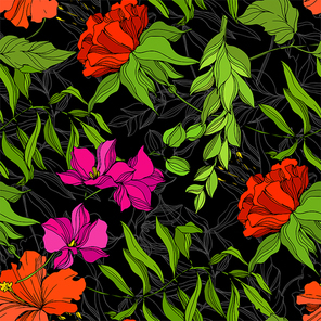 Vector Tropical floral botanical flower. Exotic tropical hawaiian summer. Engraved ink art. Seamless background pattern. Fabric wallpaper  texture.