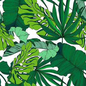 Vector Exotic tropical hawaiian summer. Palm beach tree leaves jungle botanical. Black and white engraved ink art. Seamless background pattern. Fabric wallpaper  texture.