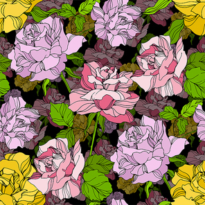 Vector Rose floral botanical flowers. Wild spring leaf wildflower isolated. Engraved ink art. Seamless background pattern. Fabric wallpaper  texture.