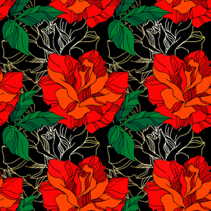 Vector Rose floral botanical flowers. Wild spring leaf wildflower isolated. Green and red engraved ink art. Seamless background pattern. Fabric wallpaper  texture.
