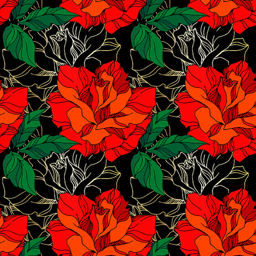 Vector Rose floral botanical flowers. Wild spring leaf wildflower isolated. Green and red engraved ink art. Seamless background pattern. Fabric wallpaper  texture.