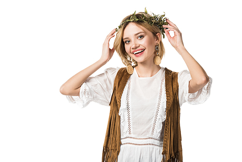 pretty hobo girl with wreath smiling at camera isolated on white