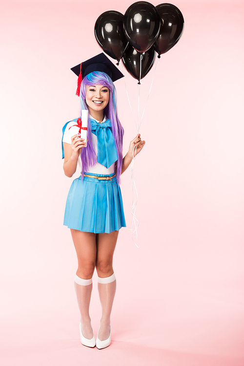 Full length view of anime girl in academic cap holding diploma and black air balloons on pink