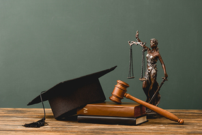 books, themis statuette, academic cap and gavel on wooden surface isolated on grey
