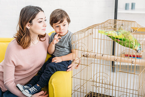 pretty woman with cute boy sitting on sofa and looking at green parrot in bird cage at home