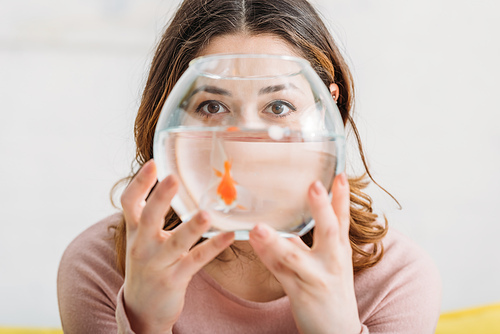 selective focus of woman holding aquarium with bright gold fish and 