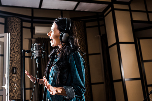 beautiful inspired woman singing near microphone in recording studio